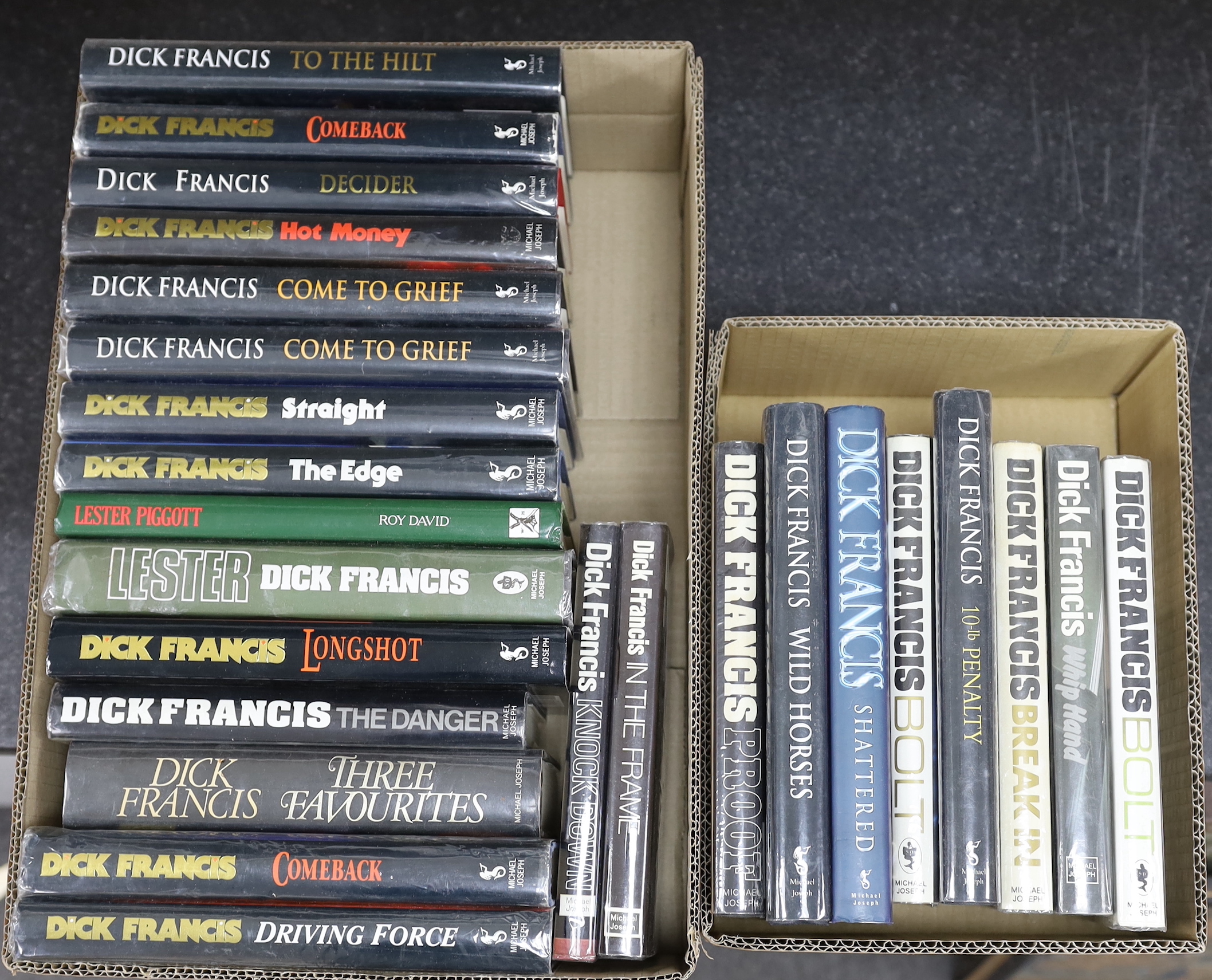 Francis, Dick. Comeback. 1991; Driving Force. 1992; Wild Horses. 1994; Come to Grief. Fourth printing, 1995. All four signed by the author on the half title. Decider. 1993; To the Hilt. 1996. 10-lb Penalty.1997. All thre